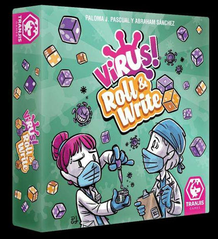 Tranjis Games Virus! Roll & Write board game with colorful game components and score sheets for family fun.