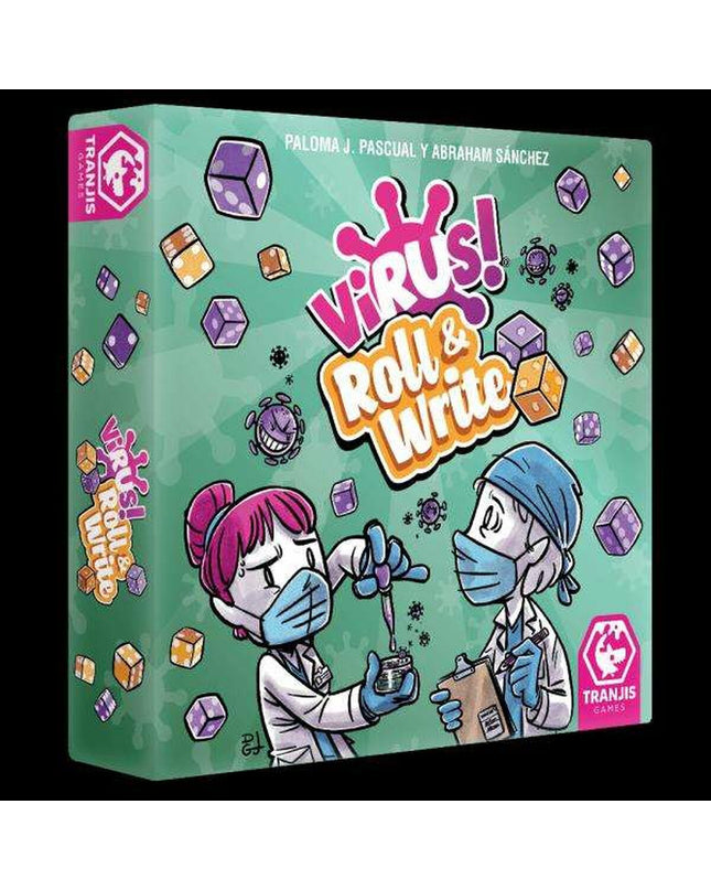 Tranjis Games Virus! Roll & Write board game with colorful game components and score sheets for family fun.