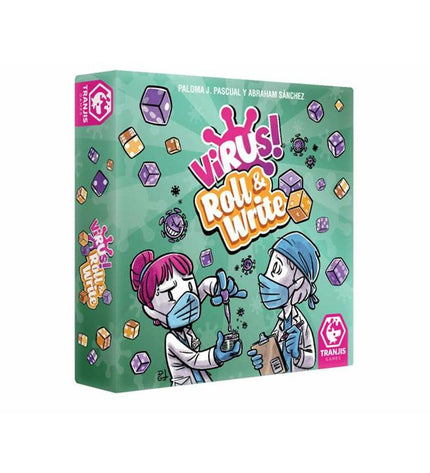 Tranjis Games Virus! Roll & Write board game with colorful game components and score sheets for fun gameplay.
