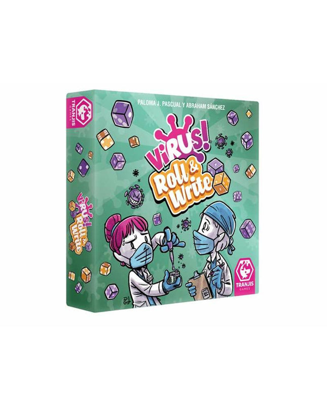Tranjis Games Virus! Roll & Write board game with colorful game components and score sheets for fun gameplay.