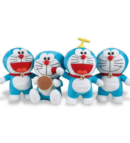 Soft Doraemon plush toy, 20 cm tall, from Doraemon, featuring blue fabric, white face, and detailed embroidered facial features.
