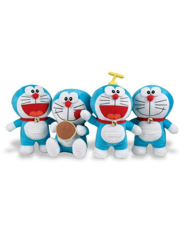 Soft Doraemon plush toy, 20 cm tall, from Doraemon, featuring blue fabric, white face, and detailed embroidered facial features.