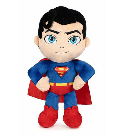 Soft Superman plush toy, 32 cm tall, from Superman brand, featuring a detailed superhero costume and smiling face.