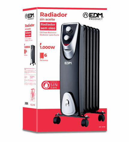 Black and grey EDM Verwarming EDM 07126 1000W portable heater for home and cooking, featuring sleek design and control panel.