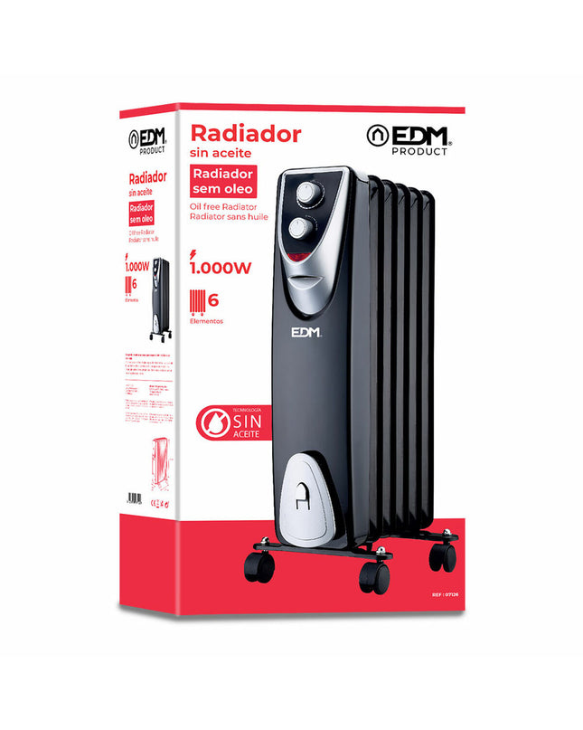 Black and grey EDM Verwarming EDM 07126 1000W portable heater for home and cooking, featuring sleek design and control panel.