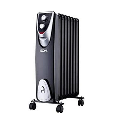 Black and gray EDM 07127 1500W portable heater, compact design for home heating and cooling, with digital controls.