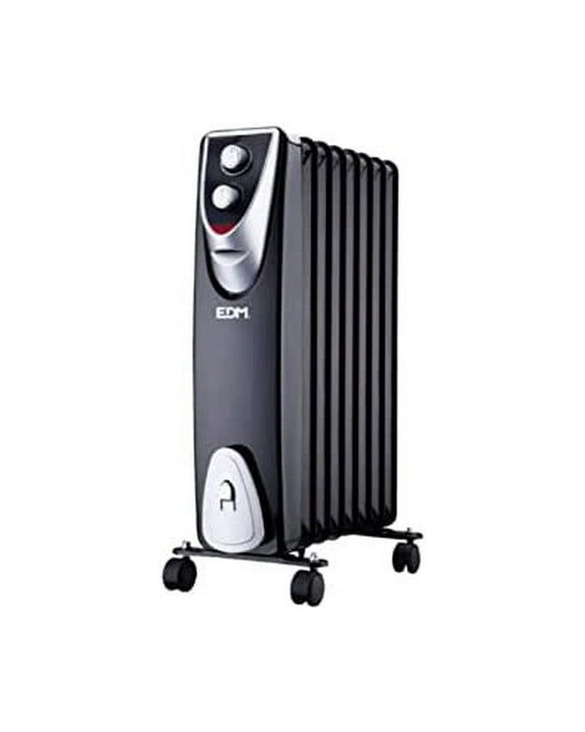 Black and gray EDM 07127 1500W portable heater, compact design for home heating and cooling, with digital controls.
