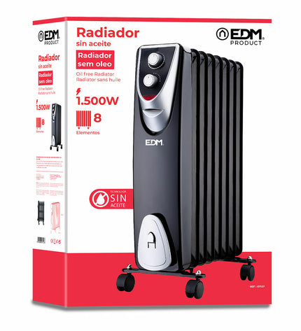 EDM Black Edition 1500W portable heater in black and gray, designed for home and kitchen use, with adjustable temperature controls.
