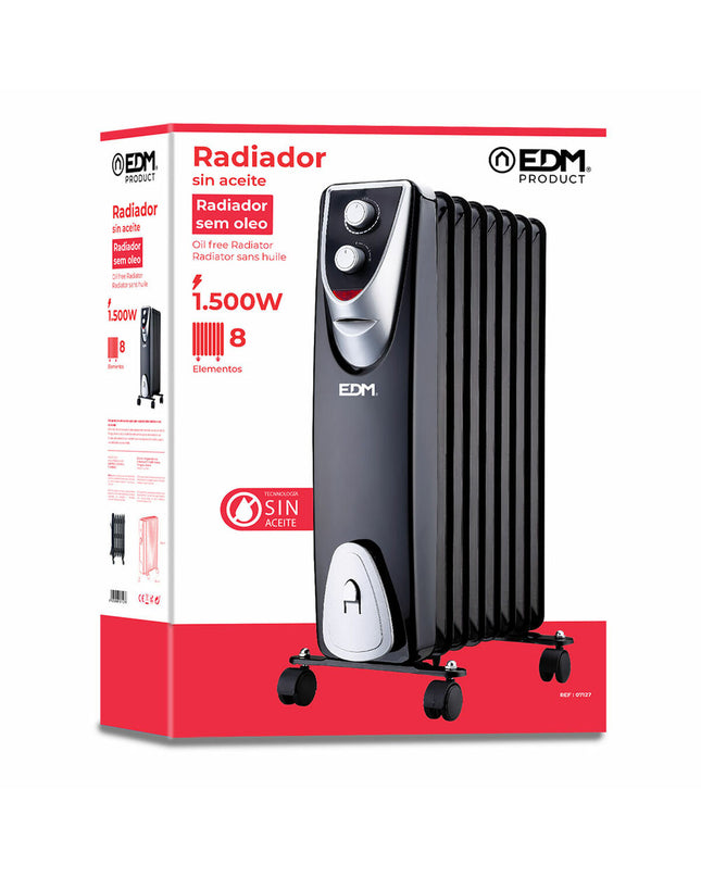 EDM Black Edition 1500W portable heater in black and gray, designed for home and kitchen use, with adjustable temperature controls.