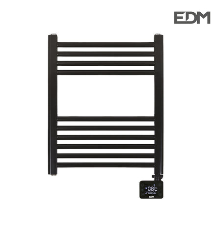 Electric wall-mounted towel rack EDM 07164 in a bathroom, showing a sleek black design with heating elements and towel bars.