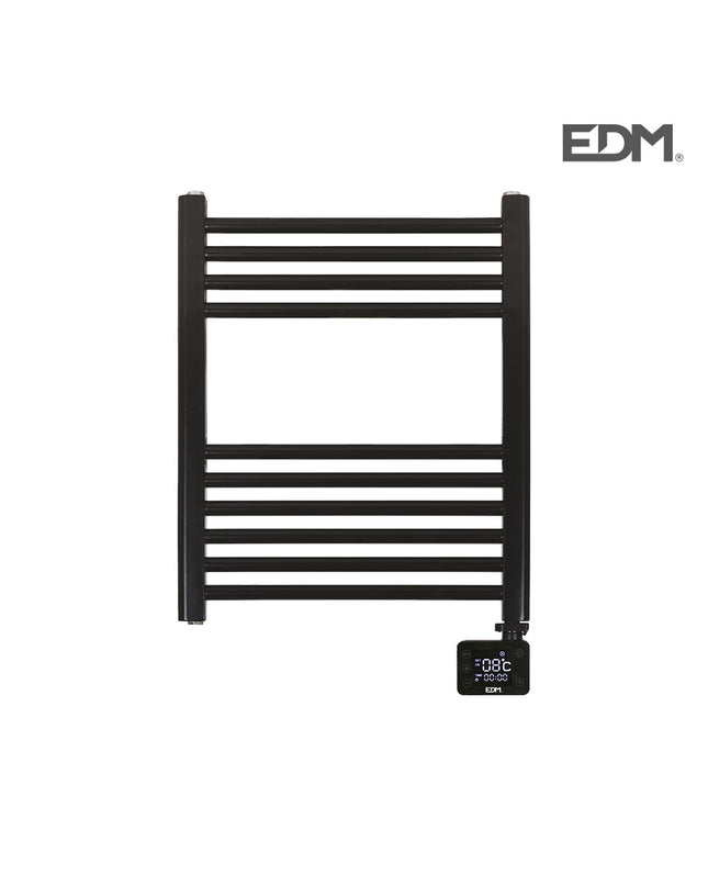 Electric wall-mounted towel rack EDM 07164 in a bathroom, showing a sleek black design with heating elements and towel bars.