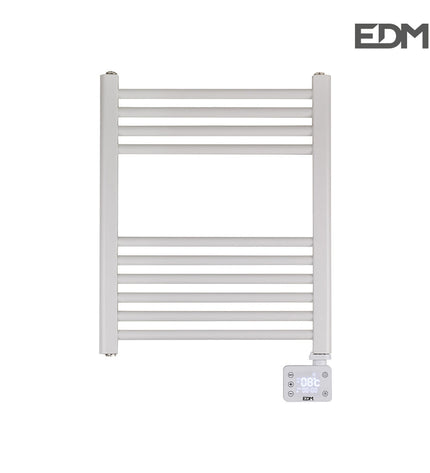 Electric wall towel rack EDM 07168 400 W in bathroom, showing sleek metal design with multiple towel bars and control panel.