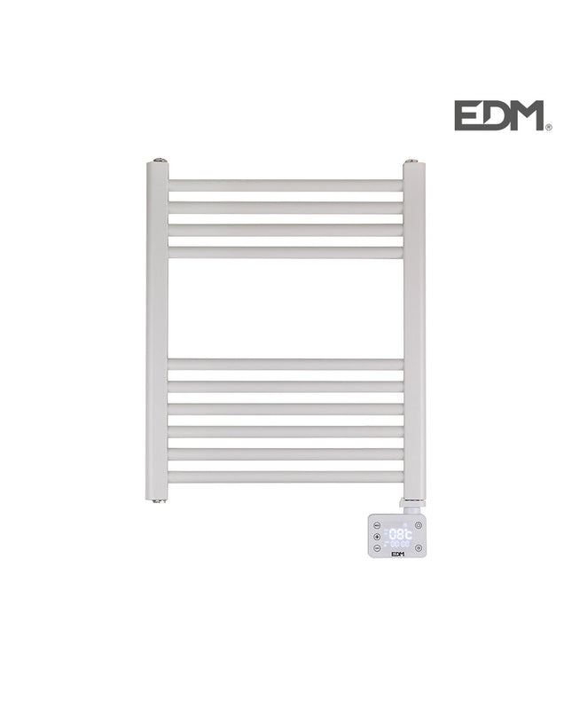 Electric wall towel rack EDM 07168 400 W in bathroom, showing sleek metal design with multiple towel bars and control panel.