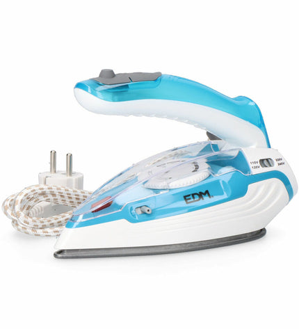 Blue travel steam iron EDM 07305 by EDM Product, compact household and travel garment pressing appliance with adjustable settings.