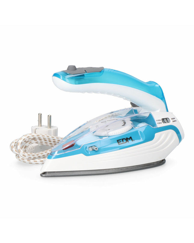 Blue travel steam iron EDM 07305 by EDM Product, compact household and travel garment pressing appliance with adjustable settings.