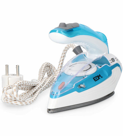 Blue travel steam iron EDM 07305 by EDM Product, compact design suitable for home and travel use, with a sleek modern appearance.