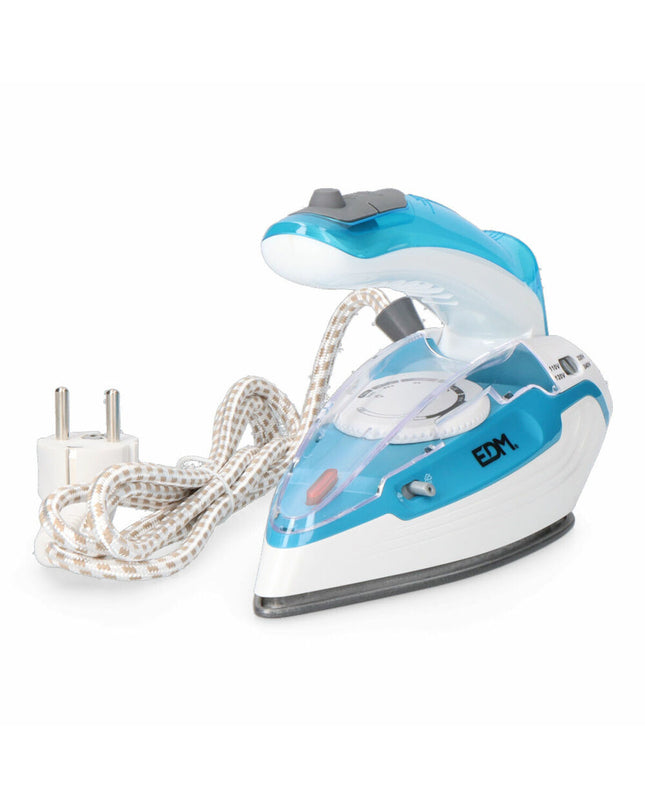 Blue travel steam iron EDM 07305 by EDM Product, compact design suitable for home and travel use, with a sleek modern appearance.