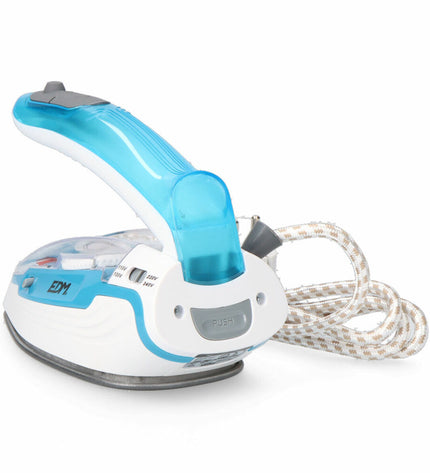 Blue travel steam iron EDM 07305 by EDM Product, compact design for home and travel use, shown on a white background