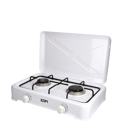 EDM gasfornuis for camping and outdoor cooking, compact 46x30x12 cm with burners and control knobs, ideal for outdoor adventures.