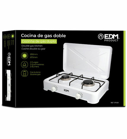 EDM gasfornuis outdoor camping stove with burners and control knobs, compact 46x30x12 cm for outdoor cooking.