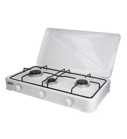 EDM gasfornuis EDM 07421, outdoor camping stove with four burners, compact 60x33x12 cm, suitable for outdoor cooking and camping.