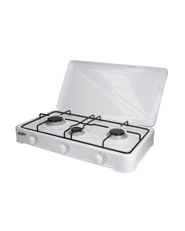 EDM gasfornuis EDM 07421, outdoor camping stove with four burners, compact 60x33x12 cm, suitable for outdoor cooking and camping.