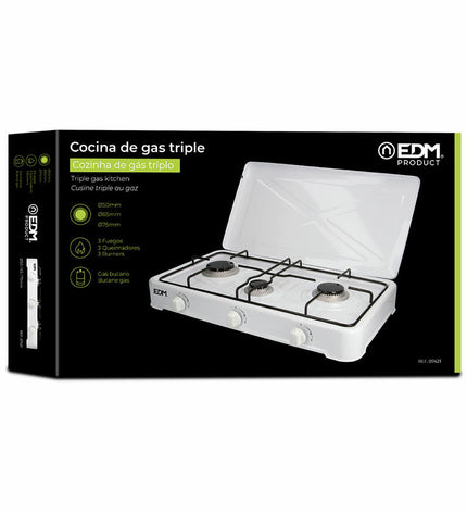 EDM gasfornuis EDM 07421 outdoor camping stove with four burners, compact 60x33x12 cm, ideal for outdoor cooking and camping trips.