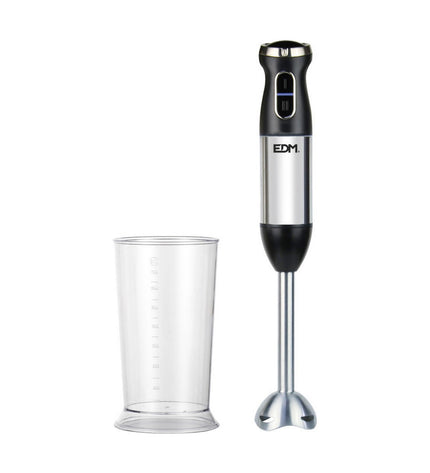 EDM Handblender EDM 07645 in zwart zilverkleurig with 600W power, shown with blending attachments on kitchen countertop.