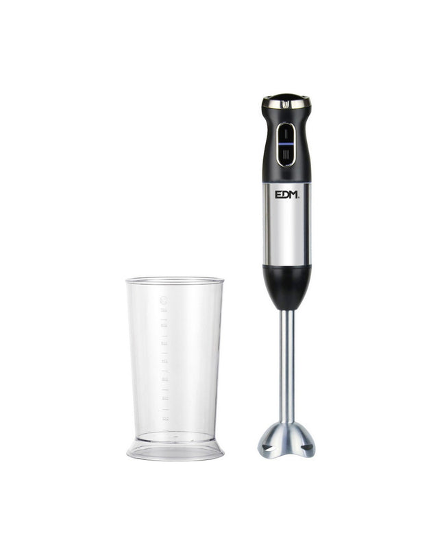 EDM Handblender EDM 07645 in zwart zilverkleurig with 600W power, shown with blending attachments on kitchen countertop.