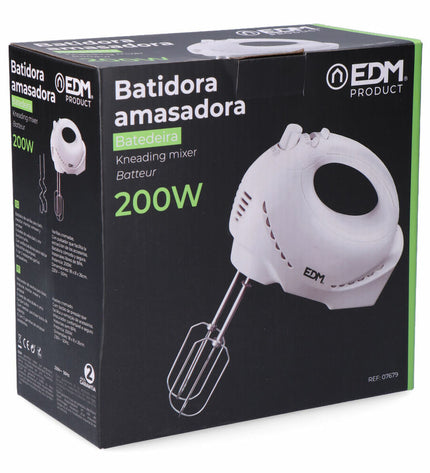 White EDM Blender en Deegmixer with 200W motor and 1.8L capacity, compact electric kitchen appliance for mixing and blending.