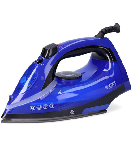 EDM Product Stoomijzer EDM 07713 with 2000W power, compact iron on a white surface, showing handle and soleplate.