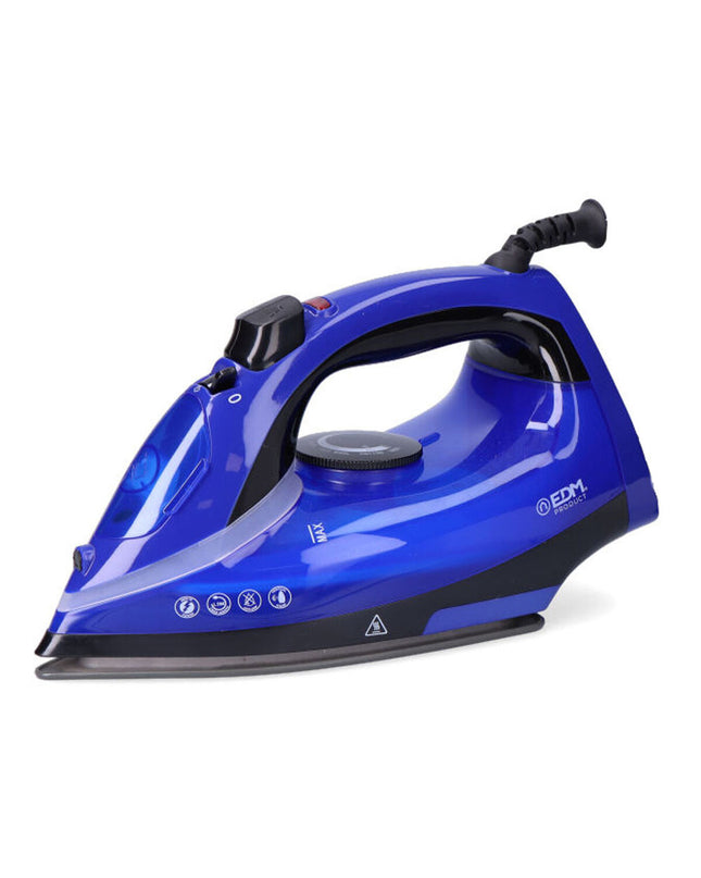 EDM Product Stoomijzer EDM 07713 with 2000W power, compact iron on a white surface, showing handle and soleplate.