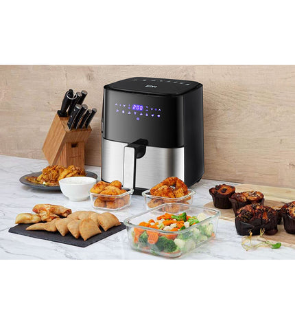 EDM Luchtfriteuse 07790 with 1450W power, 5L capacity, LED display, compact electric kitchen appliance for healthy frying