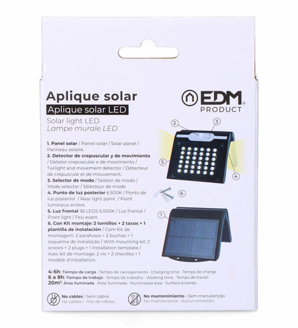 EDM Wandlamp EDM 31847 in zwart with 2W LED, motion sensor, outdoor garden decor, 220 lumens, 6500K daylight tone