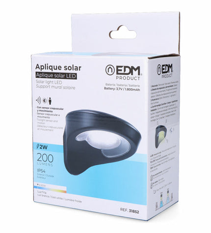 EDM LED outdoor garden wall light with motion sensor, black finish, 2W, 200 lumens, 6500K color temperature, suitable for exterior decor