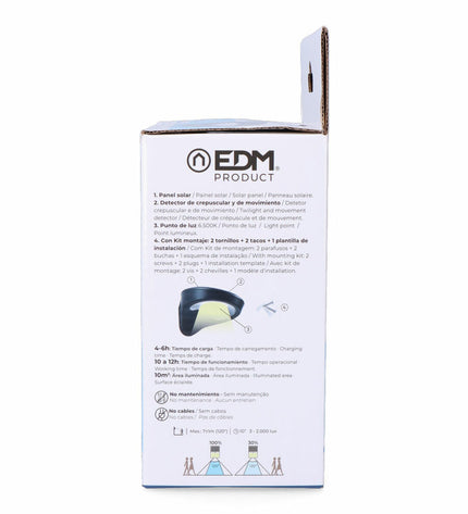 EDM LED outdoor garden wall light in black with motion sensor, 2W, 200 lumens, 155 lumens, 6500K color temperature.