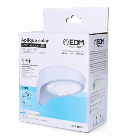 EDM LED outdoor garden light with motion sensor, 2W, 200 lumens, white finish, 6500K, decorative exterior outdoor lighting.