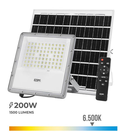 EDM Bouwlamp EDM 31855 200W outdoor garden light with remote control, photovoltaic solar panel, 6500K daylight color.