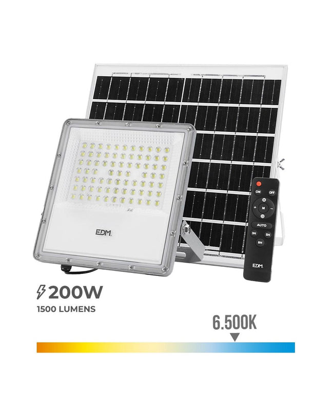 EDM Bouwlamp EDM 31855 200W outdoor garden light with remote control, photovoltaic solar panel, 6500K daylight color.