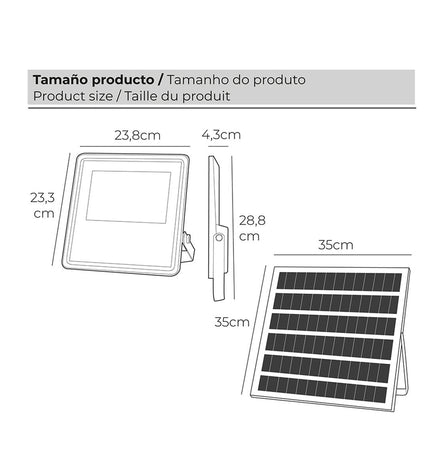 EDM Bouwlamp EDM 31855 outdoor garden light with remote control, photovoltaic panel, 200W, 1500 lumens, 6500K daylight tone.