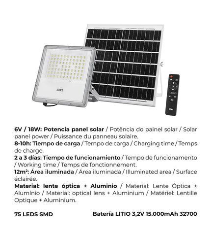 EDM Bouwlamp EDM 31855 200W outdoor garden light with remote, photovoltaic solar panel, 1500 lumens, 6500K daylight color.
