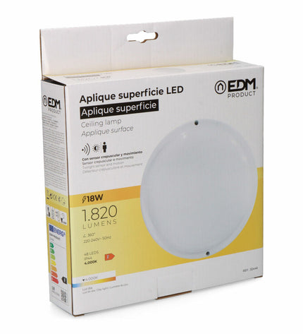 EDM Wandlamp EDM 32446 outdoor plastic garden light with motion and light sensors, circular design, 18W, 120W equivalent, 4000K.
