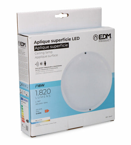 EDM Wandlamp EDM 32447 outdoor garden light with motion and light sensors, white plastic, 18W, circular design, 6400K brightness
