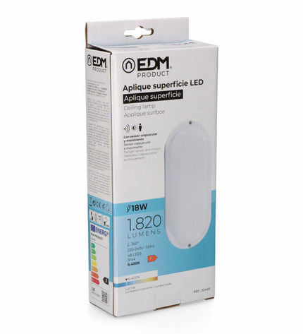 EDM Wandlamp EDM 32449 outdoor plastic garden light with motion and light sensors, oval shape, 18W LED, 120W equivalent, 6400K whiteness