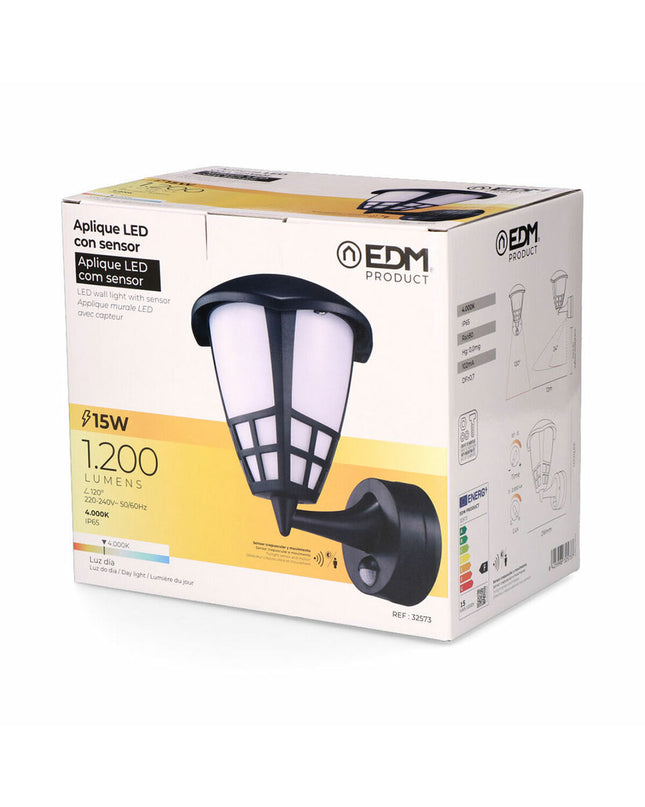 Black EDM Wandlamp EDM 32573 outdoor wall light with PVC finish, 1200 lumens, 15W, 4000K for garden decoration.
