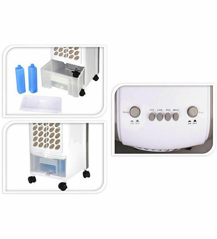 Portable EDM air cooler with 3.6L tank and 80W power, shown in a home setting, compact design for house and kitchen use.