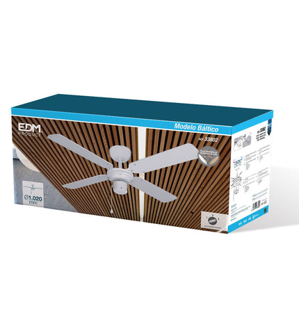 EDM Báltico white ceiling fan with 102 cm diameter and 50W power, suitable for home cooling and ventilation.