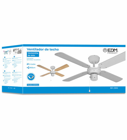 EDM plafondventilator EDM 33802 Báltico Wit with 102 cm diameter, 50W, ceiling fan for home and kitchen use.