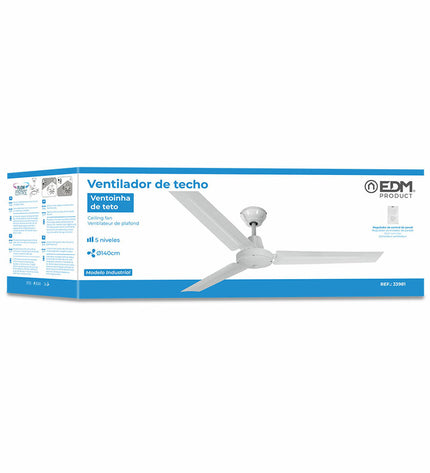 EDM 33981 white industrial ceiling fan with 140 cm diameter and 60W power, suitable for home and kitchen ventilation.
