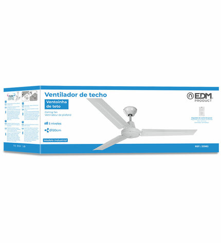 EDM 33982 white 60W mini industrial ceiling fan with 120cm diameter, suitable for home and kitchen spaces.
